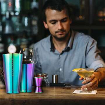 Professional Boston Cocktail Shaker Set | 4-Piece Bar Set | Stainless Steel 304 | 28oz/18oz Weighted Shaker Tins | Hawthorne Strainer | Double Sided Jigger | Recipe Booklet | Bartender Kit