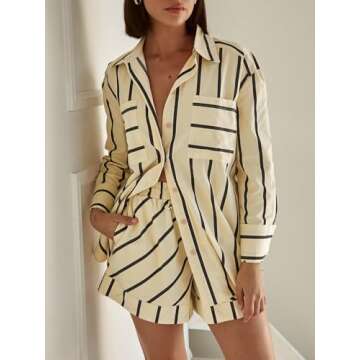 Tankaneo Womens Striped 2 Piece Outfits Button Down Shirts and Shorts Lounge Matching Sets Beige