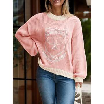 Saodimallsu Womens Oversized Chunky Sweater Crew Neck Long Sleeve Vintage Graphic Embroidered Pullover Tops Pink