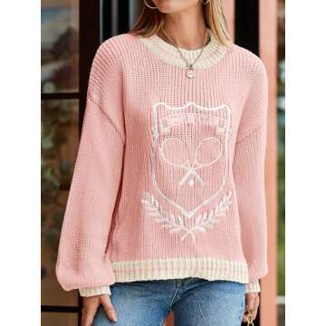 Saodimallsu Womens Oversized Chunky Sweater Crew Neck Long Sleeve Vintage Graphic Embroidered Pullover Tops Pink