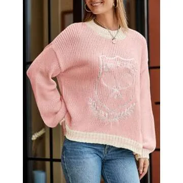 Saodimallsu Womens Oversized Chunky Sweater Crew Neck Long Sleeve Vintage Graphic Embroidered Pullover Tops Pink