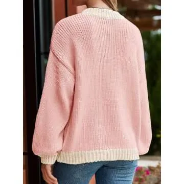 Saodimallsu Womens Oversized Chunky Sweater Crew Neck Long Sleeve Vintage Graphic Embroidered Pullover Tops Pink