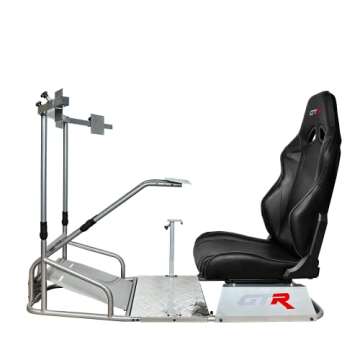 GTR Simulator GTS-F Model Silver Frame Triple | Single Monitor Stand with Black Adjustable Leatheret...