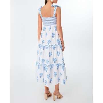 Women Summer Boho Tie Shoulder Dress Y2k Floral Smocked Flowy Long Dress Ruffle Tiered Beach Vocation Sundress(Blue,Medium)