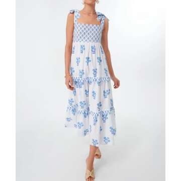 Women Summer Boho Tie Shoulder Dress Y2k Floral Smocked Flowy Long Dress Ruffle Tiered Beach Vocation Sundress(Blue,Medium)