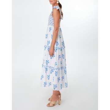 Women Summer Boho Tie Shoulder Dress Y2k Floral Smocked Flowy Long Dress Ruffle Tiered Beach Vocation Sundress(Blue,Medium)