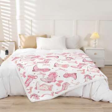 Cowgirl Throw Blanket for Kids,Western Cowboy Boots Pink Bowknots Fleece Throw Blanket for Bedroom Sofa,Dreamy Fairy Tale Princess Starry Pink White Lightweight Bed Blanket,40 x 50 Inches