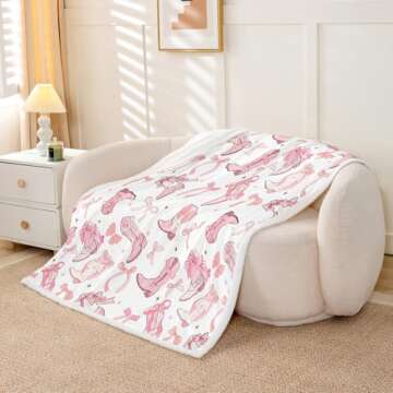 Cowgirl Throw Blanket for Kids,Western Cowboy Boots Pink Bowknots Fleece Throw Blanket for Bedroom Sofa,Dreamy Fairy Tale Princess Starry Pink White Lightweight Bed Blanket,40 x 50 Inches