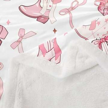 Cowgirl Throw Blanket for Kids,Western Cowboy Boots Pink Bowknots Fleece Throw Blanket for Bedroom Sofa,Dreamy Fairy Tale Princess Starry Pink White Lightweight Bed Blanket,40 x 50 Inches
