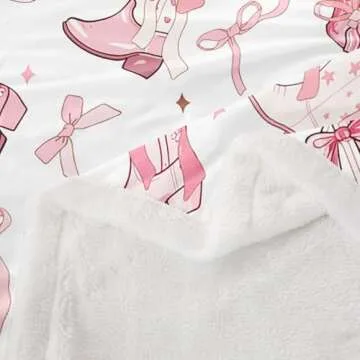 Cowgirl Throw Blanket for Kids,Western Cowboy Boots Pink Bowknots Fleece Throw Blanket for Bedroom Sofa,Dreamy Fairy Tale Princess Starry Pink White Lightweight Bed Blanket,40 x 50 Inches