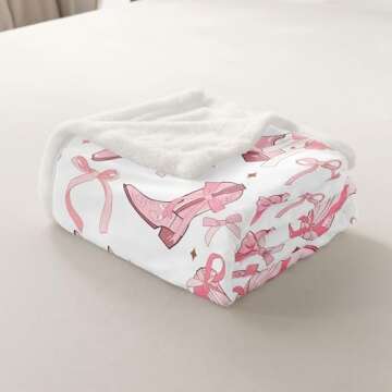 Cowgirl Throw Blanket for Kids,Western Cowboy Boots Pink Bowknots Fleece Throw Blanket for Bedroom Sofa,Dreamy Fairy Tale Princess Starry Pink White Lightweight Bed Blanket,40 x 50 Inches