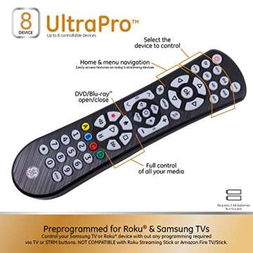 GE UltraPro Backlit Universal Remote Control, Samsung TV Remote, Universal TV Remote for Roku TV, Vizio, LG, Sony, Sharp, Apple TV, Smart TVs, Streaming Players, Blu-ray, DVD, 8-Device, Black, 41567