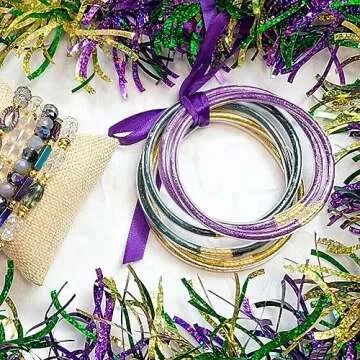 FAERLIIRY Mardi Gras Bangle Bracelets for Women Glitter Jelly Bangle Bracelets Budahgirl Bracelets Lightweight Cute Silicone Bracelets Mardi Gras Gifts (Mardi Gras-6PCS)