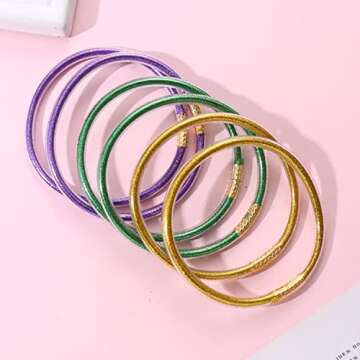 FAERLIIRY Mardi Gras Bangle Bracelets for Women Glitter Jelly Bangle Bracelets Budahgirl Bracelets Lightweight Cute Silicone Bracelets Mardi Gras Gifts (Mardi Gras-6PCS)