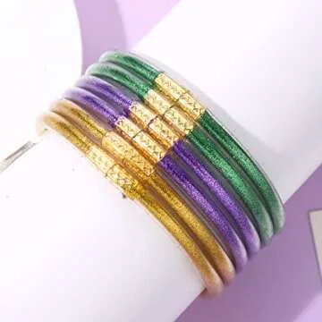 FAERLIIRY Mardi Gras Bangle Bracelets for Women Glitter Jelly Bangle Bracelets Budahgirl Bracelets Lightweight Cute Silicone Bracelets Mardi Gras Gifts (Mardi Gras-6PCS)