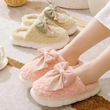 FRZTOUR Plush Cute Bow Slippers for Women – Furry Comfy Indoor Outdoor Non-Slip House Slippers (pi...