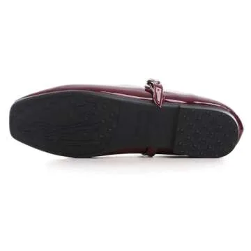 LUXINYU Mary Jane Flat Shoes for Women Patent Leather Square Toe Adjustable Buckle Strap Ballet Dance Shoes,Red 5.5