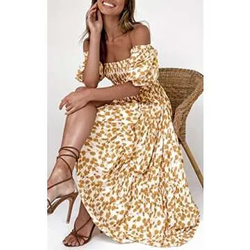 PRETTYGARDEN Women's Summer Casual Boho Dress Floral Print Ruffle Tiered Maxi Dress Puff Sleeve High Waist Long Beach Dresses (Floral Apricot and Yellow,Medium)