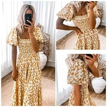 PRETTYGARDEN Women's Summer Casual Boho Dress Floral Print Ruffle Tiered Maxi Dress Puff Sleeve High Waist Long Beach Dresses (Floral Apricot and Yellow,Medium)
