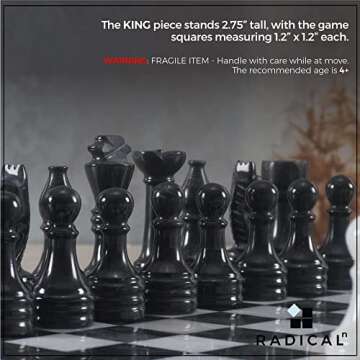 Radicaln Marble Chess Set 12 Inches Black and White Handmade Chess Game - 1 Chess Board & 32 Chess Pieces - Board Game for 2 Player Games - Chess Sets for Adults
