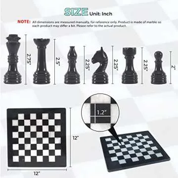 Radicaln Marble Chess Set 12 Inches Black and White Handmade Chess Game - 1 Chess Board & 32 Chess Pieces - Board Game for 2 Player Games - Chess Sets for Adults