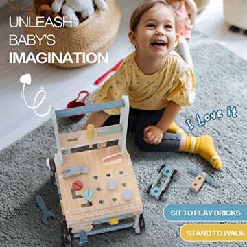 2-in-1 Baby Push Walker - Wooden Push Walker and Tool Toy for Babies - Toddler Learning Activity Wal...