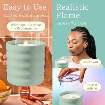 Lifelines Flameless Candle Aromatherapy Essential Oil Diffuser with ClickWick Essential Oil Blend - Cordless & Waterless Diffuser for Home - Scented Electric Candles Blow Out Flame - Green Bubble