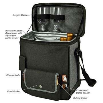 Picnic at Ascot Wine and Cheese Picnic Basket/Cooler with hardwood cutting Board, Cheese Knife and Corkscrew - Charcoal