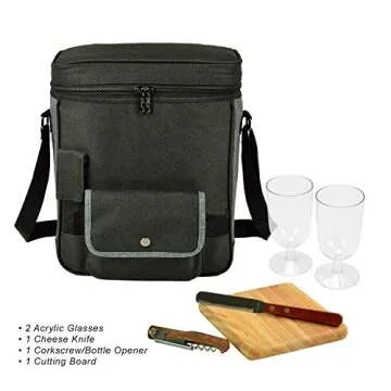 Picnic at Ascot Wine and Cheese Picnic Basket/Cooler with hardwood cutting Board, Cheese Knife and Corkscrew - Charcoal