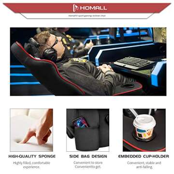 Homall Reclining Chair with Footrest Computer Ergonomic Gaming Recliner Racing Style PU Leather Gamer Chair with Cup Holder Headrest and Lumbar Support(White)