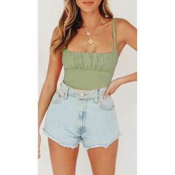 BEJONS Women Y2k Green Corset Like Going Out Ruched Crop Tank Top Cute Square Neck Double Lined Ruffle Brami Camisole Teen Clothes Dressy Summer Basic Dance Concert Outfit Army Green L