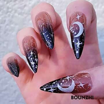 Bomine Stiletto Press on Nails Long Ombre Black Fake Nails Designed Acrylic Glossy False Full Cover Nails Halloween for Women and Girls, Size 12