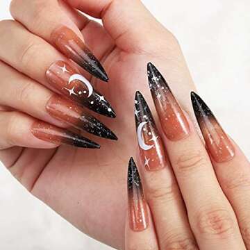 Bomine Stiletto Press on Nails Long Ombre Black Fake Nails Designed Acrylic Glossy False Full Cover Nails Halloween for Women and Girls, Size 12