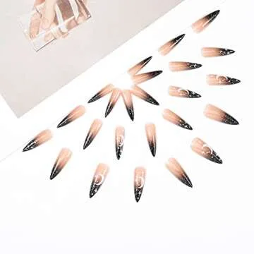 Bomine Stiletto Press on Nails Long Ombre Black Fake Nails Designed Acrylic Glossy False Full Cover Nails Halloween for Women and Girls, Size 12