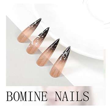 Bomine Stiletto Press on Nails Long Ombre Black Fake Nails Designed Acrylic Glossy False Full Cover Nails Halloween for Women and Girls, Size 12
