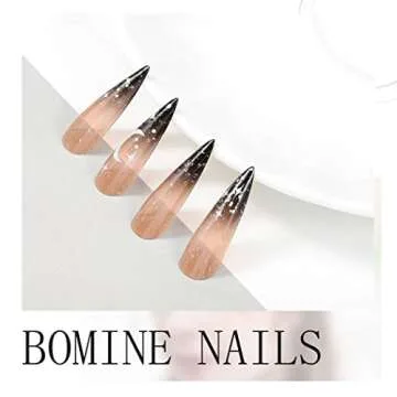 Bomine Stiletto Press on Nails Long Ombre Black Fake Nails Designed Acrylic Glossy False Full Cover Nails Halloween for Women and Girls, Size 12
