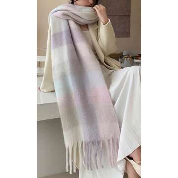 Wander Agio Winter Women Warm Scarf Long Shawl Large Scarves Cold Weather Thick Blanket Scarfs Colorful Plaid Light Beige Pink 11