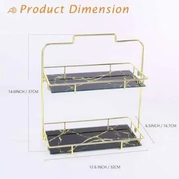 Z PLINRISE Makeup Organizer, 2 Tier Bathroom Organizer Cosmetic Storage Shelf for Dresser and Countertop, Decorative Wire Vanity Organizer Basket with Marbling Glass Tray (Black)