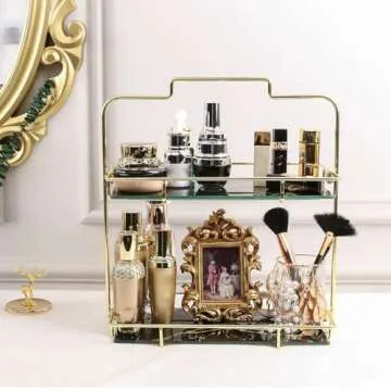 Z PLINRISE Makeup Organizer, 2 Tier Bathroom Organizer Cosmetic Storage Shelf for Dresser and Countertop, Decorative Wire Vanity Organizer Basket with Marbling Glass Tray (Black)