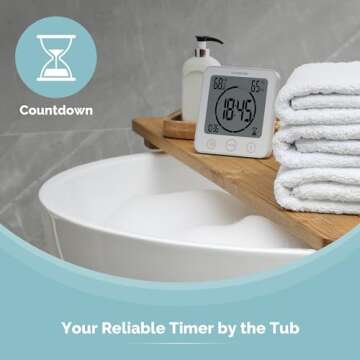 KADAMS Shower Timer Waterproof Bathroom Timer, Wall Clock with Alarm, Digital Kitchen Timer, Waterproof for Water Spray, Temperature Humidity, Suction Cup, Hanging, Magnetic, Stand - White