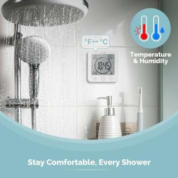 KADAMS Shower Timer Waterproof Bathroom Timer, Wall Clock with Alarm, Digital Kitchen Timer, Waterproof for Water Spray, Temperature Humidity, Suction Cup, Hanging, Magnetic, Stand - White