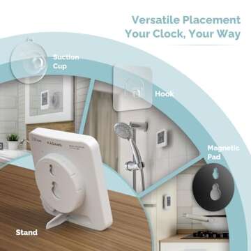 KADAMS Shower Timer Waterproof Bathroom Timer, Wall Clock with Alarm, Digital Kitchen Timer, Waterproof for Water Spray, Temperature Humidity, Suction Cup, Hanging, Magnetic, Stand - White