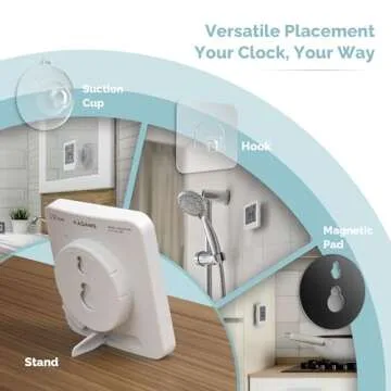 KADAMS Shower Timer Waterproof Bathroom Timer, Wall Clock with Alarm, Digital Kitchen Timer, Waterproof for Water Spray, Temperature Humidity, Suction Cup, Hanging, Magnetic, Stand - White