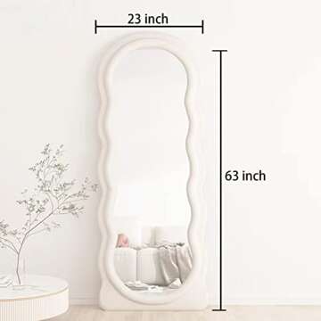 WOFFMX Full Length Mirror 63"x24", Irregular Wavy Mirror, Wave Floor Mirror, Wall Mounted Mirror Standing or Leaning Against Wall for Bedroom Living Room, Flannel Wrapped Wooden Frame Mirror-White