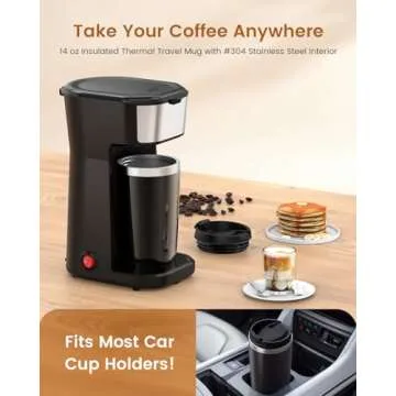 Personal Single Serve Coffee Maker - Quick Brew with Grounds and Tea Bags (Not Compatible with K-Cups), Includes 14oz Travel Mug, One-Touch Operation