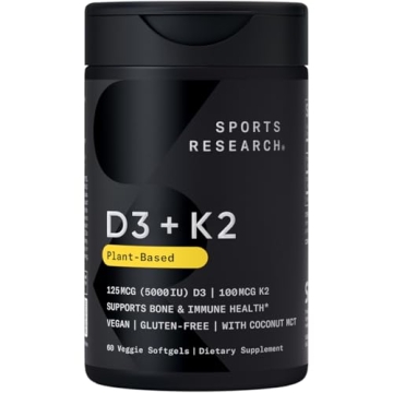 Sports Research Vitamin D3 K2 with Coconut Oil | Plant Based Vitamin K2 MK7 + Vegan D3 5000iu | Vega...