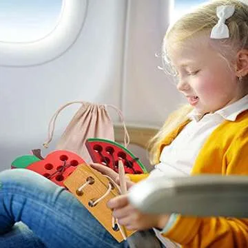 KLT Lacing Toy for Toddlers, Wooden Threading Toy Kids Travel Car Airplane Activities, Road Trip Essentials Games, Educational learning Fine Motor Skills Montessori Toys 1 Apple,1 Watermelon, 1 Cheese