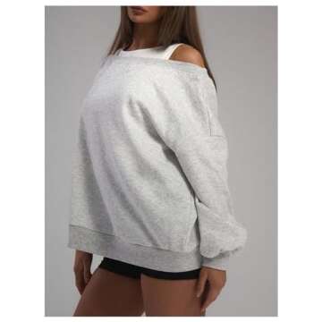 RoseSeek Women's Off The Shoulder Sweatshirt Long Sleeve Drop Shoulder Oversized Pullover Tops Fall Outfits Light Grey XXS