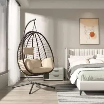 ALAULM Egg Swing Chair Outdoor Indoor Wicker Rattan Hanging Chair with Stand 350lbs Capacity w/Stron...