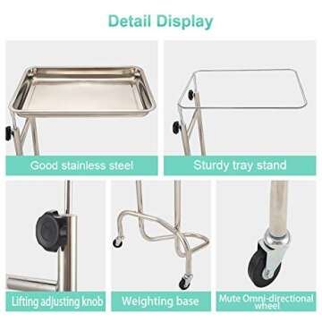 Konmee Mobile Instrument Stand Mayo Instrument Tray Stand Medical Doctor Tattoo Spa Salon Equipment Procedure Trays with Stainless Steel